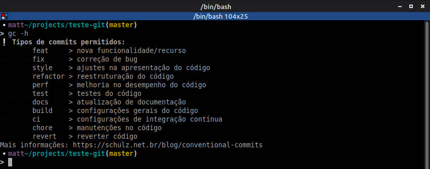 Resumo dos tipos de commit permitidos segundo o Conventional Commits