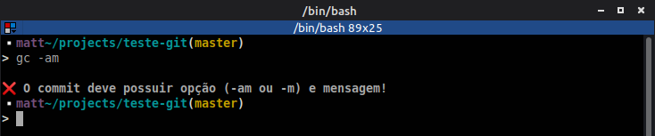 Validação se o commit possui opção (-am ou -m) e mensagem