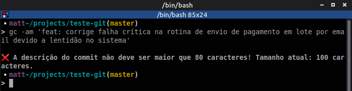 Validação do tamanho máximo de caracteres permitidos para criação de um commit