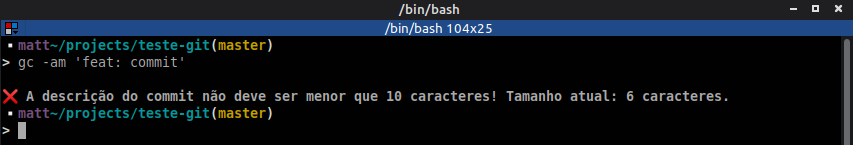 Validação do tamanho mínimo de caracteres permitidos para criação de um commit